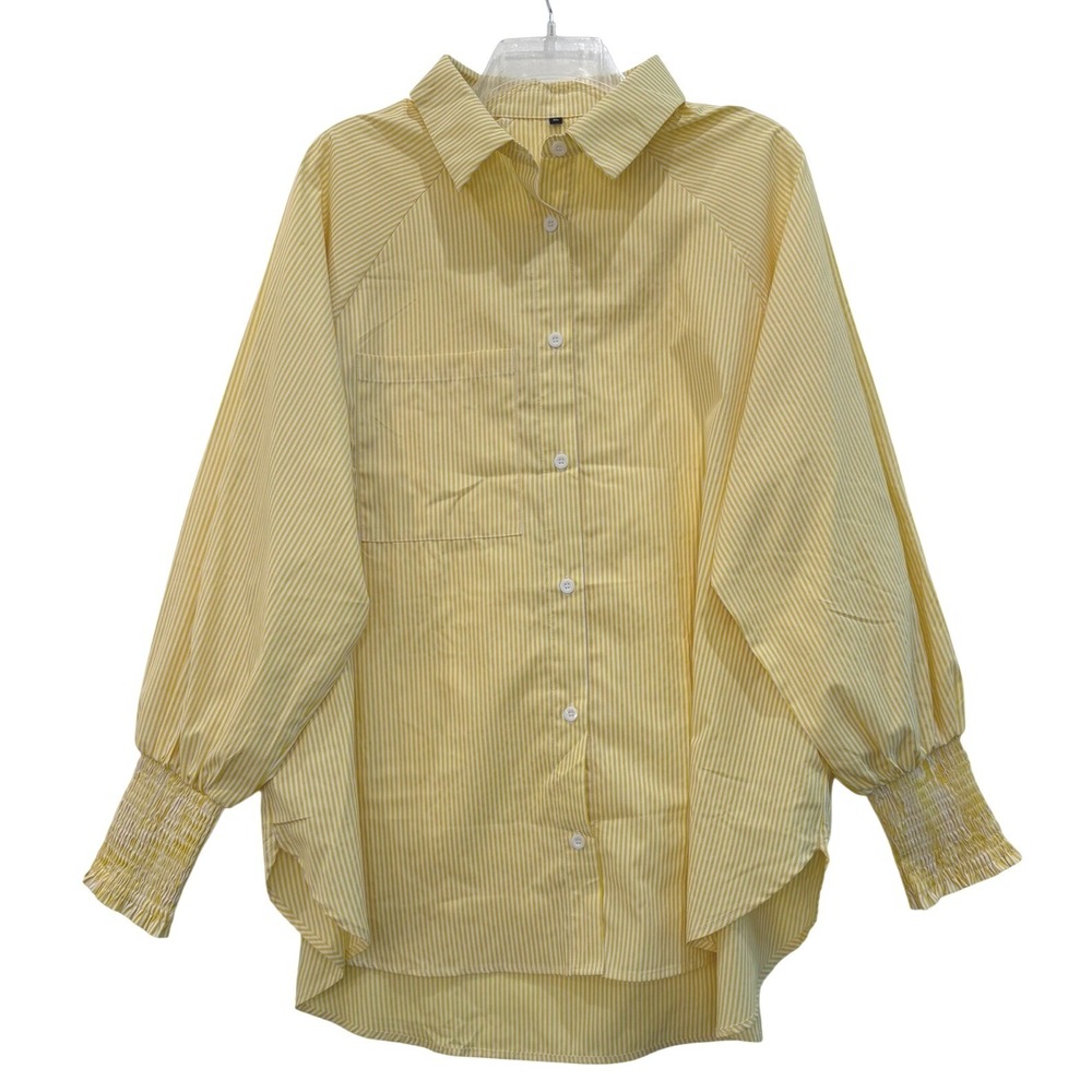Yellow White Striped Button Down Shirt Smocked Cuff Balloon Sleeve‎ Tunic XL